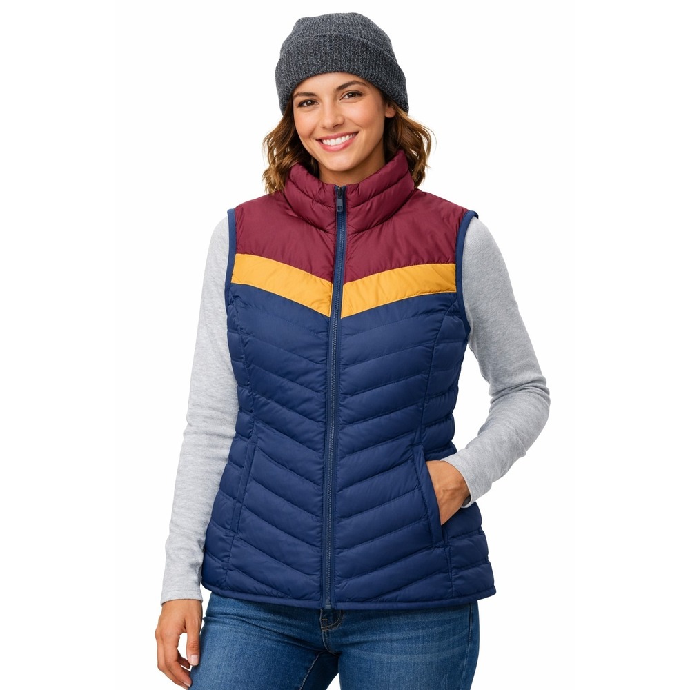 Alpine Design Women's Puffer Vest L Blue Burgundy Colorblock Zip Outdoor